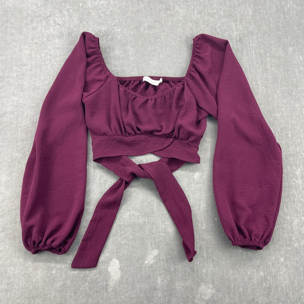 Altar'd State Women X-Small Burgundy CropTop Lantern Sleeve Tie Back Square Neck
